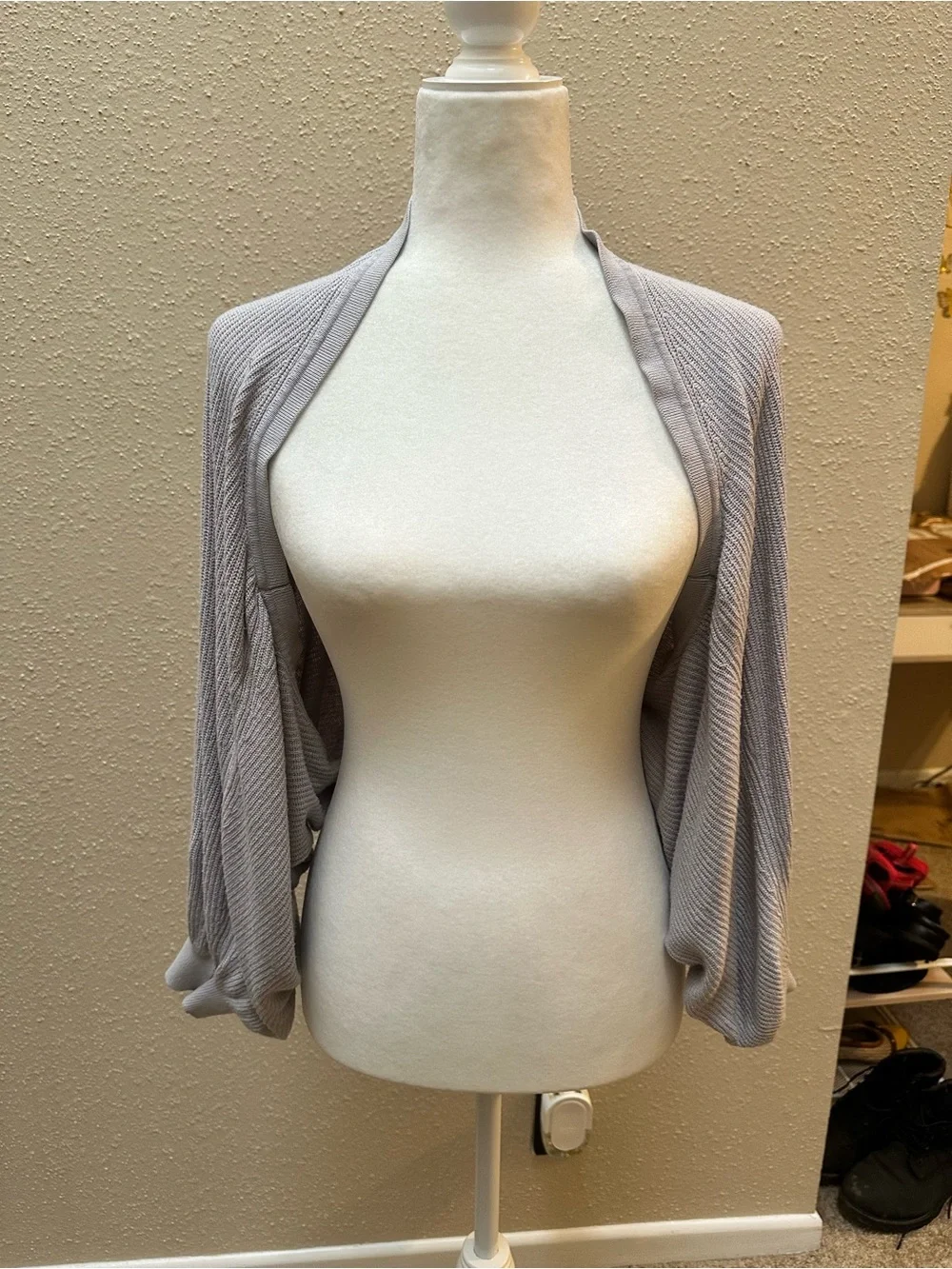Women’s Gray Knit Open Front Shrug Bolero Dolman Balloon Sleeve Cardigan L/XL